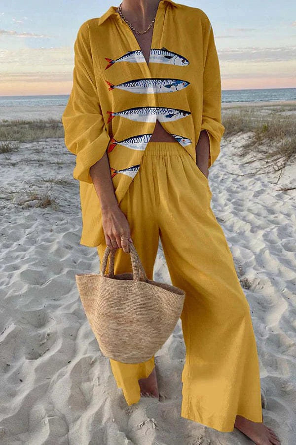 Carla | Conjunto de Lino de Verano Mujer Camisa y Pantalón Ancho Estampado