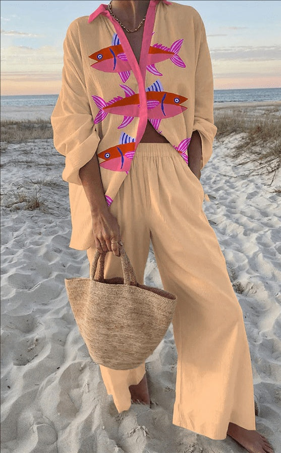 Carla | Conjunto de Lino de Verano Mujer Camisa y Pantalón Ancho Estampado