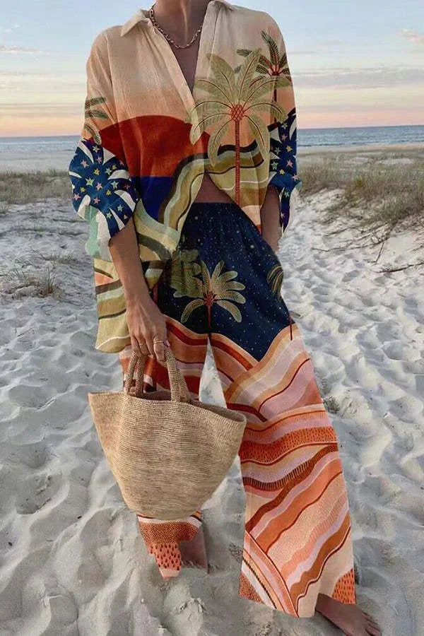 Carla | Conjunto de Lino de Verano Mujer Camisa y Pantalón Ancho Estampado