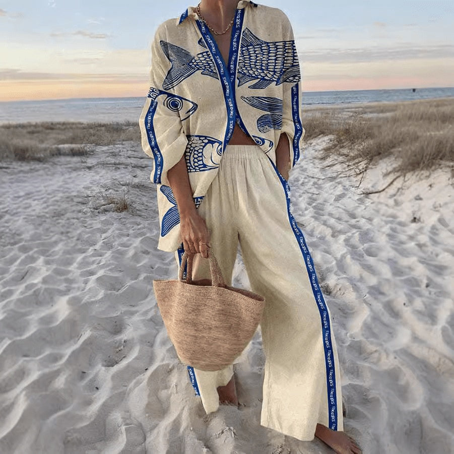 Carla | Conjunto de Lino de Verano Mujer Camisa y Pantalón Ancho Estampado