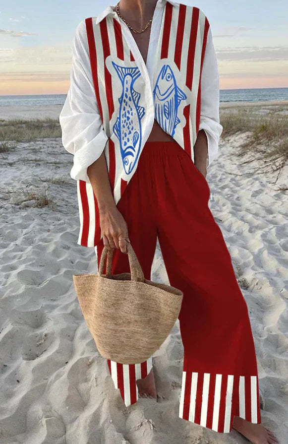 Carla | Conjunto de Lino de Verano Mujer Camisa y Pantalón Ancho Estampado