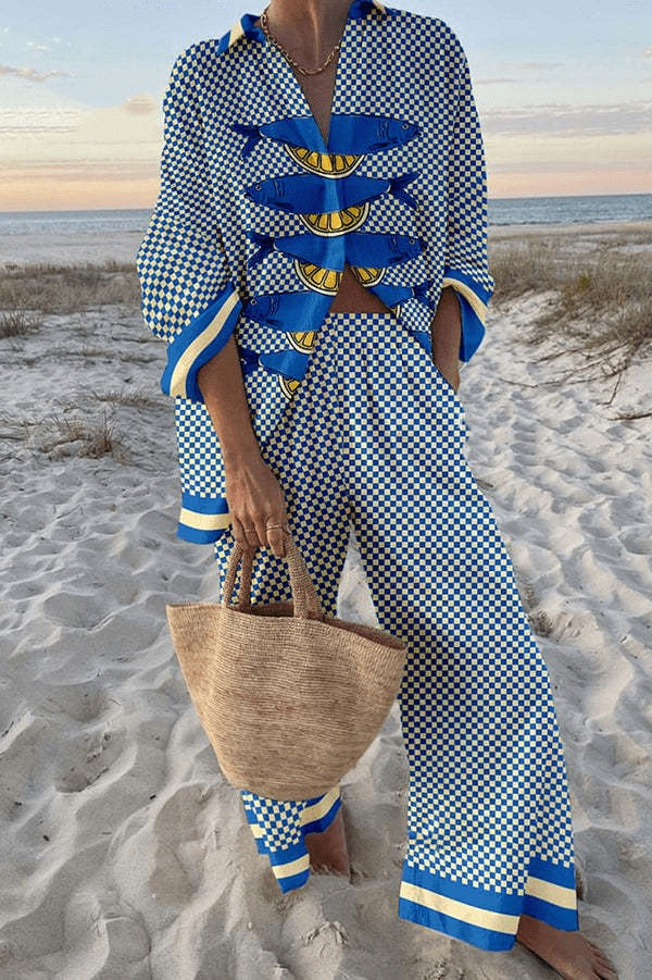 Carla | Conjunto de Lino de Verano Mujer Camisa y Pantalón Ancho Estampado