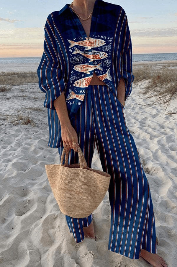 Carla | Conjunto de Lino de Verano Mujer Camisa y Pantalón Ancho Estampado