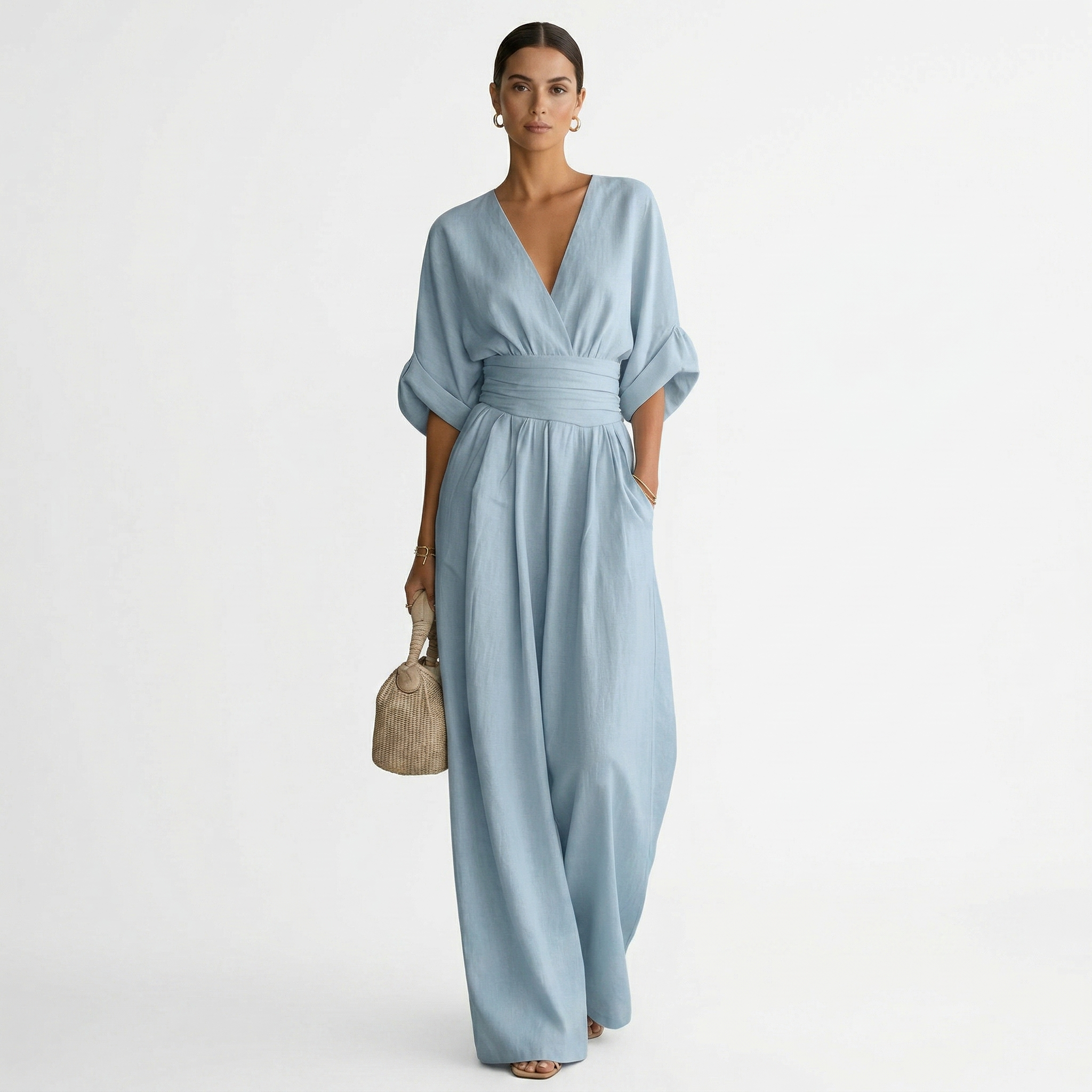 Esperanza | Mono Largo Elegante de Lino Mujer Escote V Cinturón