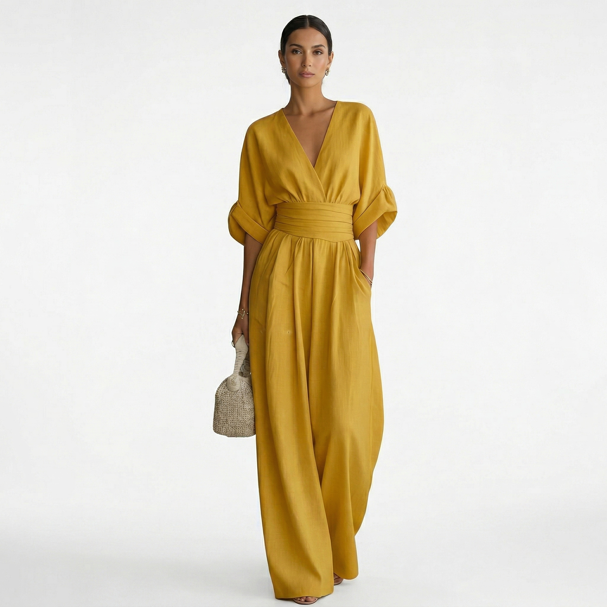 Esperanza | Mono Largo Elegante de Lino Mujer Escote V Cinturón