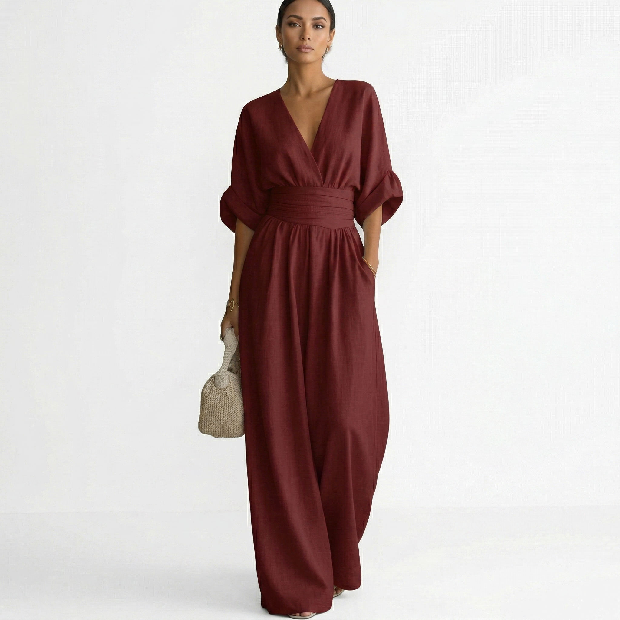 Esperanza | Mono Largo Elegante de Lino Mujer Escote V Cinturón