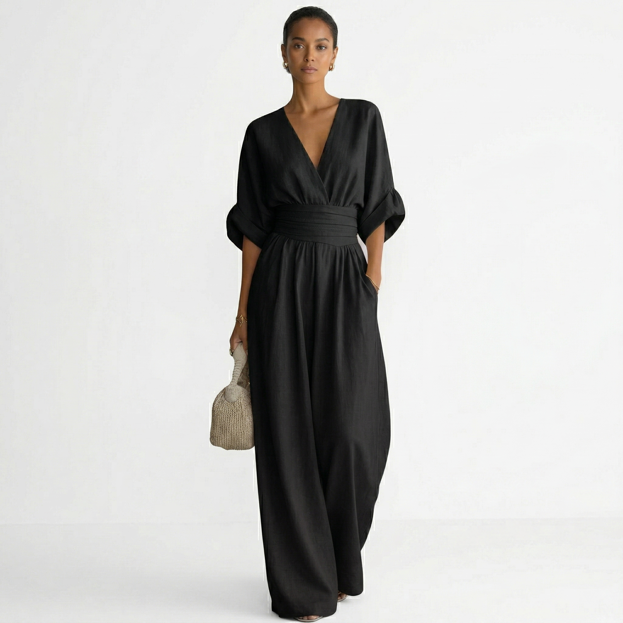 Esperanza | Mono Largo Elegante de Lino Mujer Escote V Cinturón