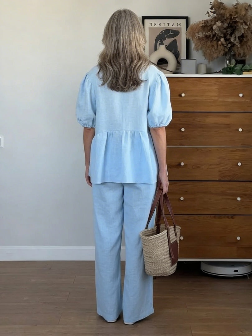 Macarena | Conjunto de Lino Mujer Blusa Manga Abullonada Pantalón Ancho