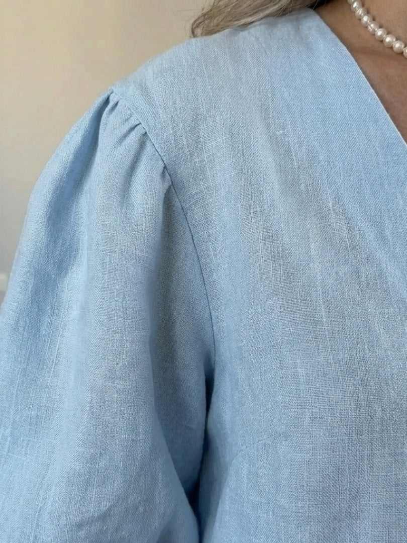 Macarena | Conjunto de Lino Mujer Blusa Manga Abullonada Pantalón Ancho