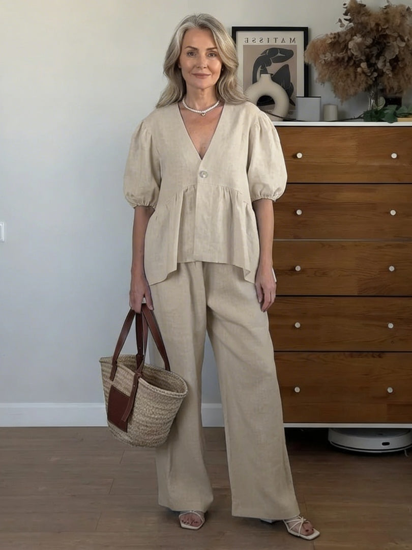 Macarena | Conjunto de Lino Mujer Blusa Manga Abullonada Pantalón Ancho