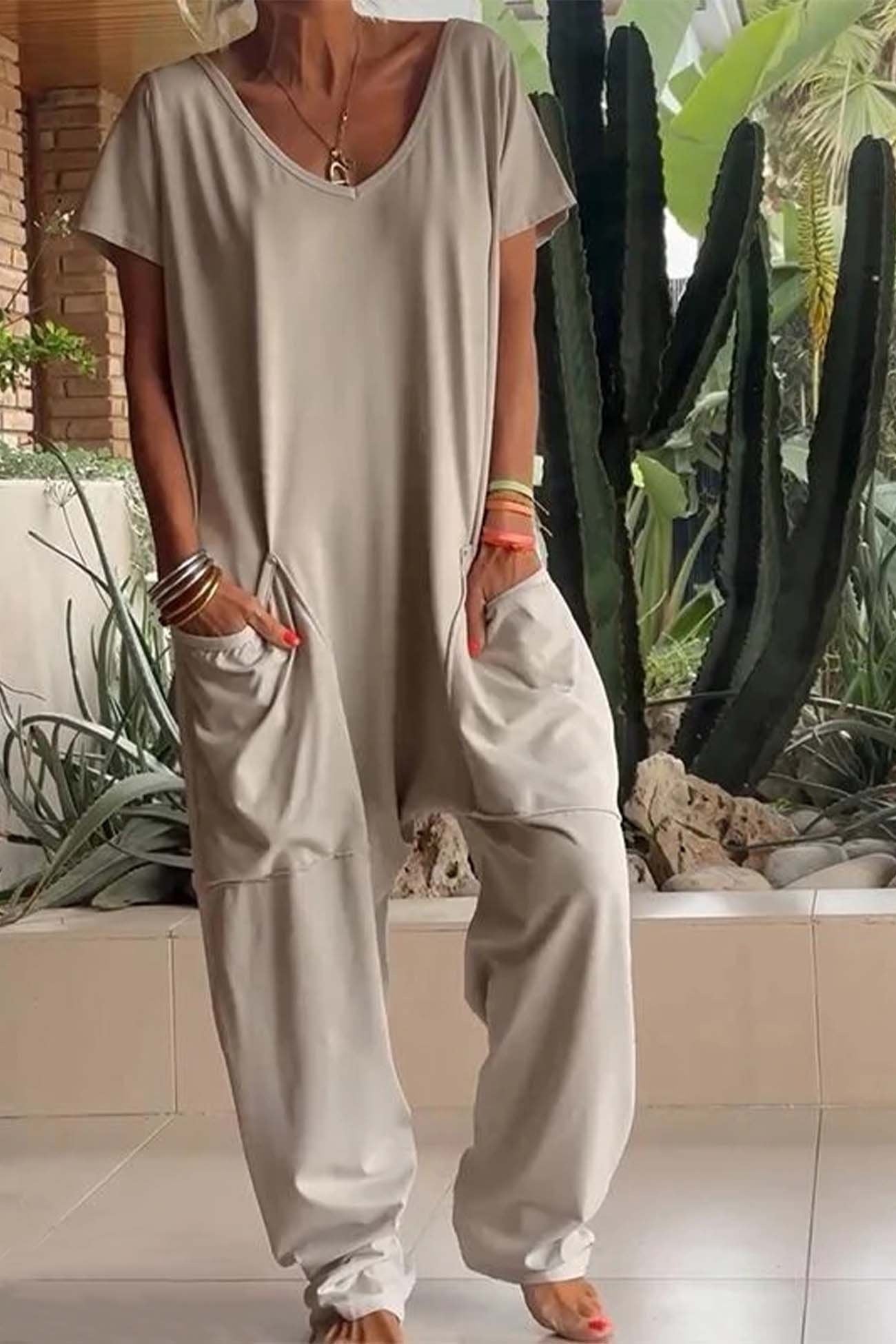 Paloma | Mono Largo de Lino Casual Mujer Escote V Bolsillos