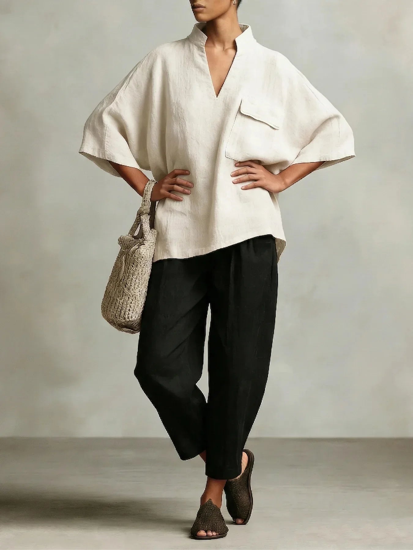 Paloma | Conjunto Poncho de Lino Mujer Dos Piezas Escote V